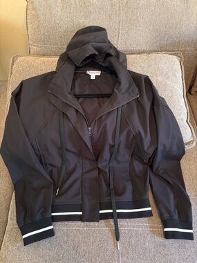 Evereve Black Hooded Drawstring Bomber Jacket with Stripe Trim